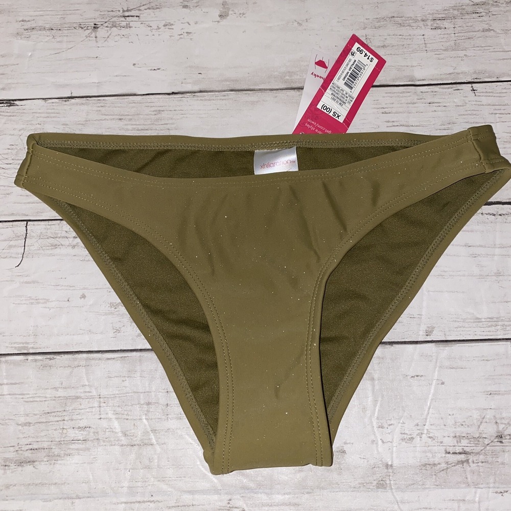 Xhilaration Bikini Bottom Womens XS Green Shimmer Army Cheeky Swim NEW XS